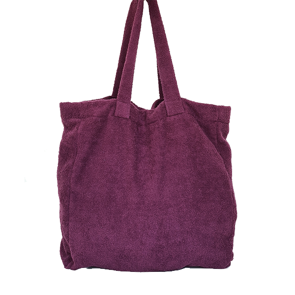 Cabas couleurs aubergines, idéal sac de plage grâce a son tissus éponge recyclé. sac lavable en machine. 