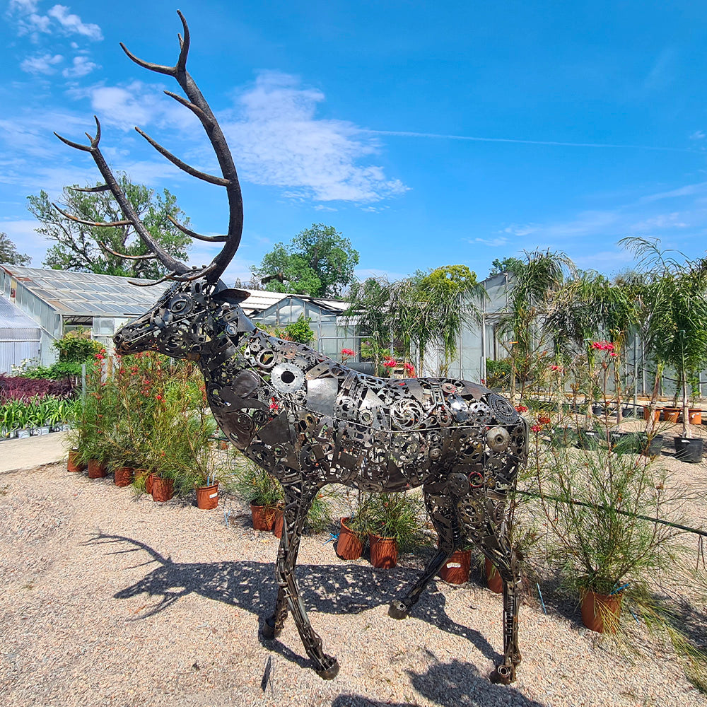 Sculpture d'un Cerf en metal recyclé. Statue en fer forgé taille réelle