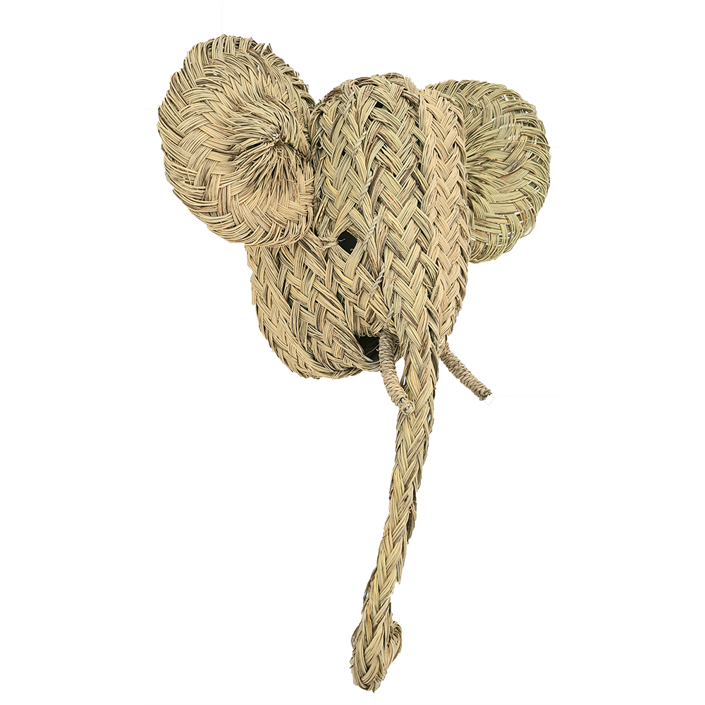 décoration murale faux trophée Tête d'éléphant, tête animal en matière naturelle fait par des artisans de la vannerie en alfa, paille, osier. Idéal pour une décoration bohème et naturelle. Tête d’éléphant en feuilles de palmiers tressés a la main