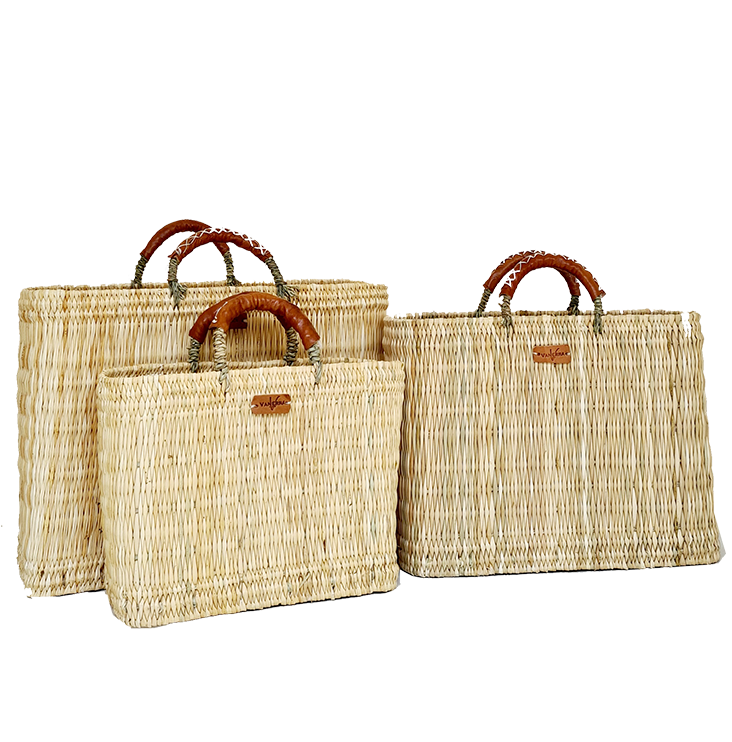 Trio de Sac Canberra en Osier. Plusieurs tailles disponible, Anses porté main en cuir de vache. Sac en Osier, peut être utilisé comme panier de decoration intérieur, sac de courses, sac à main, panier de plage ...