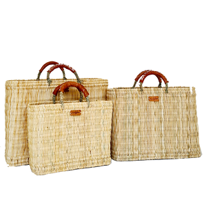 Trio de Sac Canberra en Osier. Plusieurs tailles disponible, Anses porté main en cuir de vache. Sac en Osier, peut être utilisé comme panier de decoration intérieur, sac de courses, sac à main, panier de plage ...