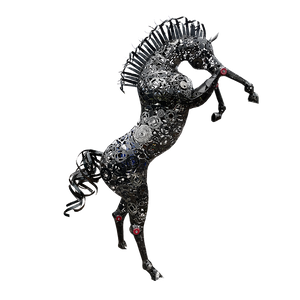 Cheval en metal grandeur nature entièrement réalisé à la main par notre ferronnier d'art marocain. This Horse Metal art sculpture made of recycled spare part.